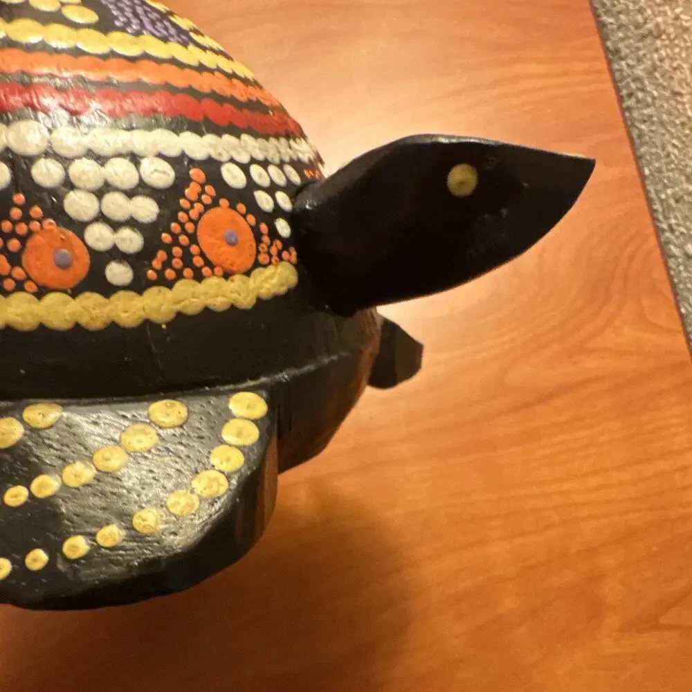 Handmade Hand-Painted Wooden Turtle Figurine Bali Dot Pattern Art -bobble head